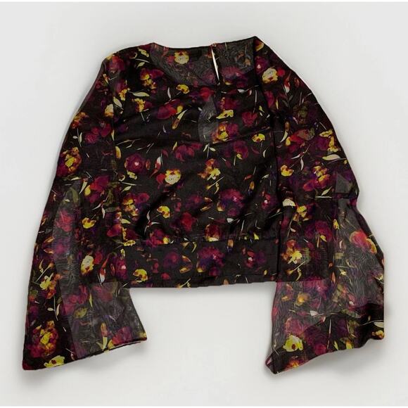 Bebe Blouse Sz 8 Womens Sheer Whimsigoth Black Floral Crop Top Bell Sleeve Fairy - Picture 1 of 8